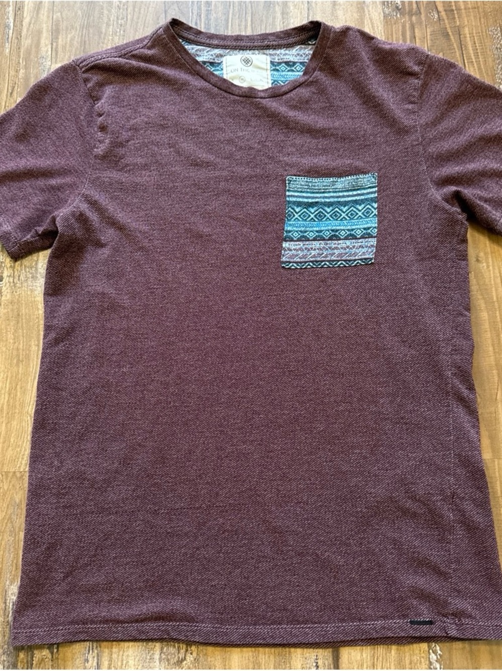 Men's Maroon Crew Neck Pocket Tee with Patterned Accent